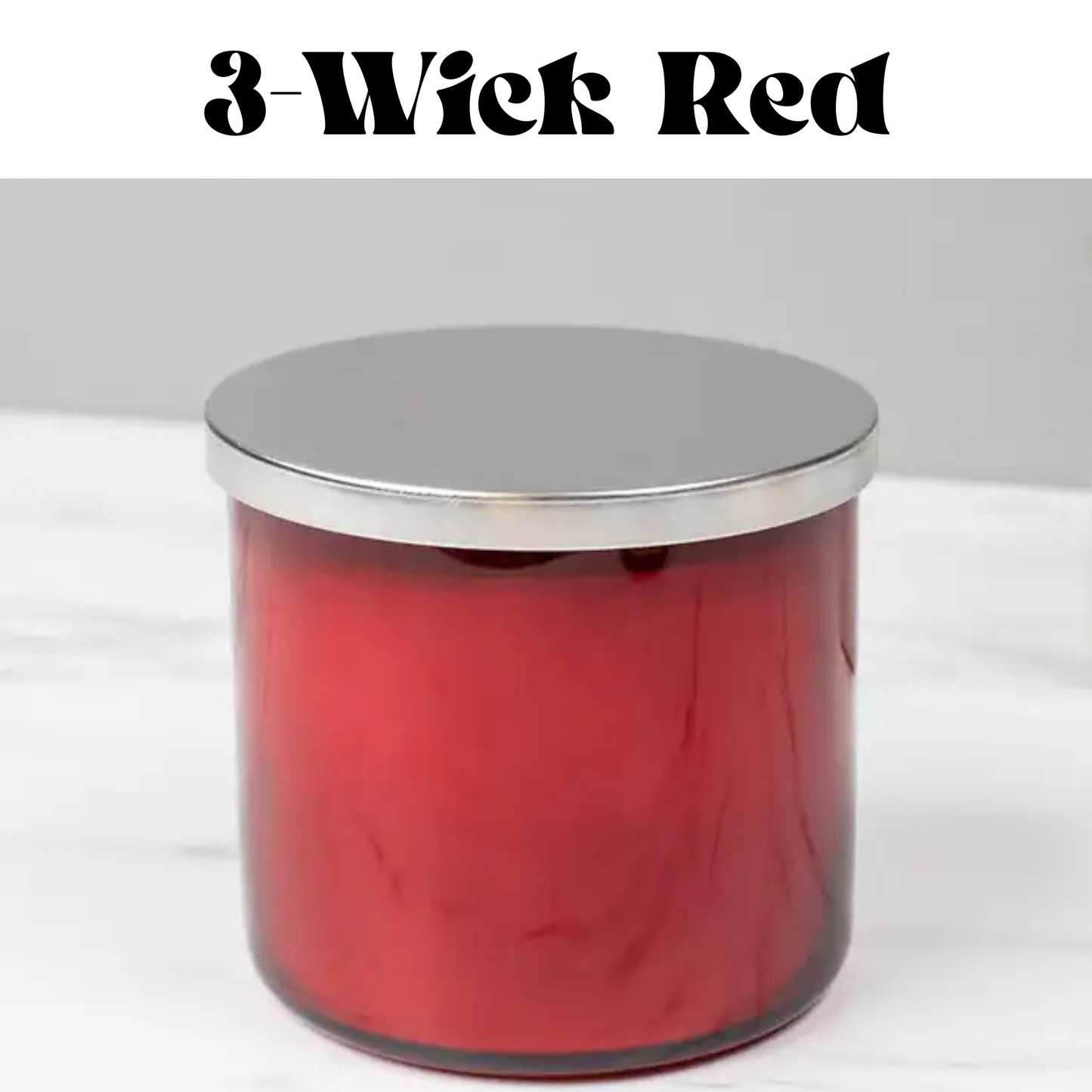 Red candle with a silver lid on a white background, labeled '3-Wick Red'.