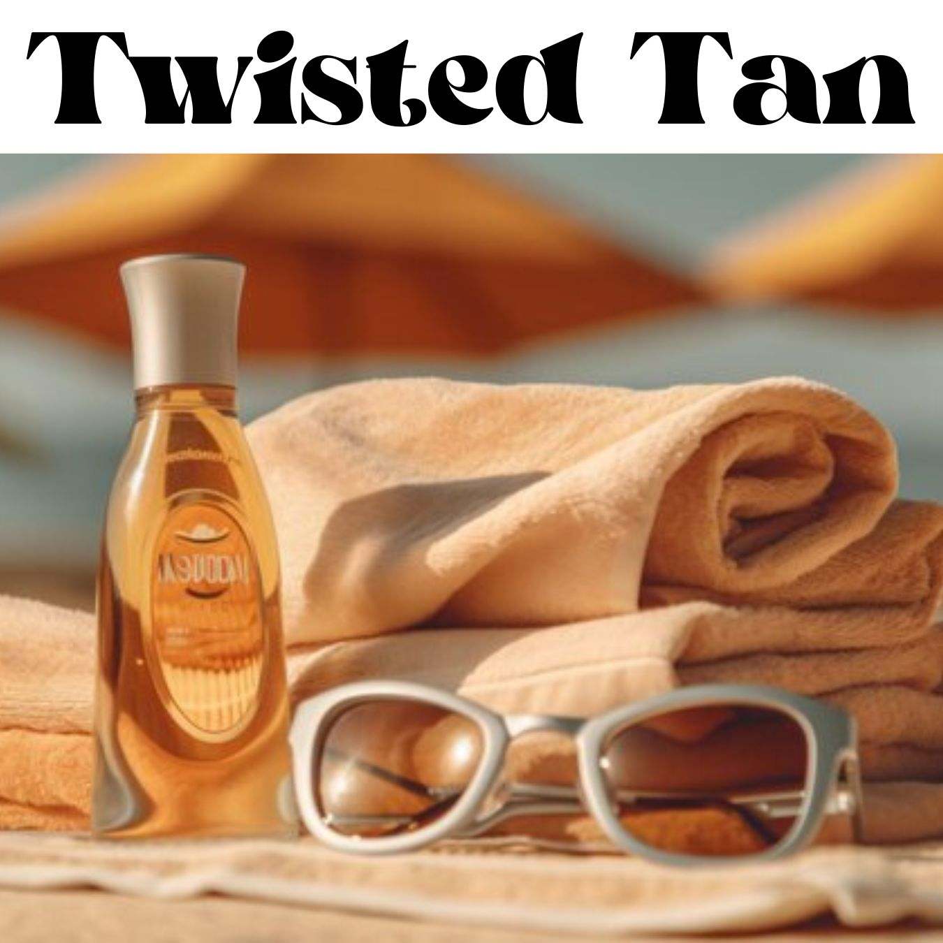 A candle labeled 'Twisted Tan' with a golden hue, placed on a surface with a beige towel and sunglasses, suggesting a beach theme.