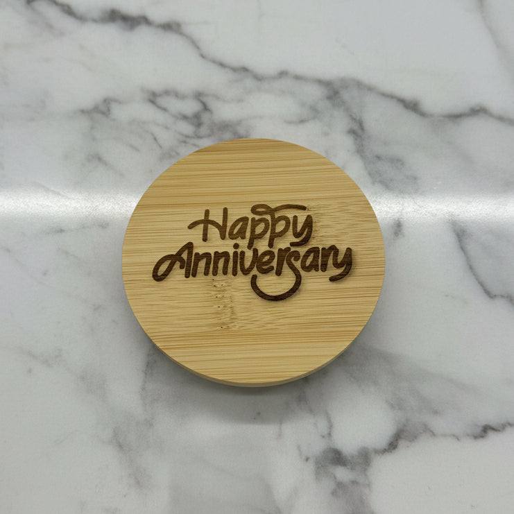 Happy Anniversary Engraved Bamboo Candle Lid