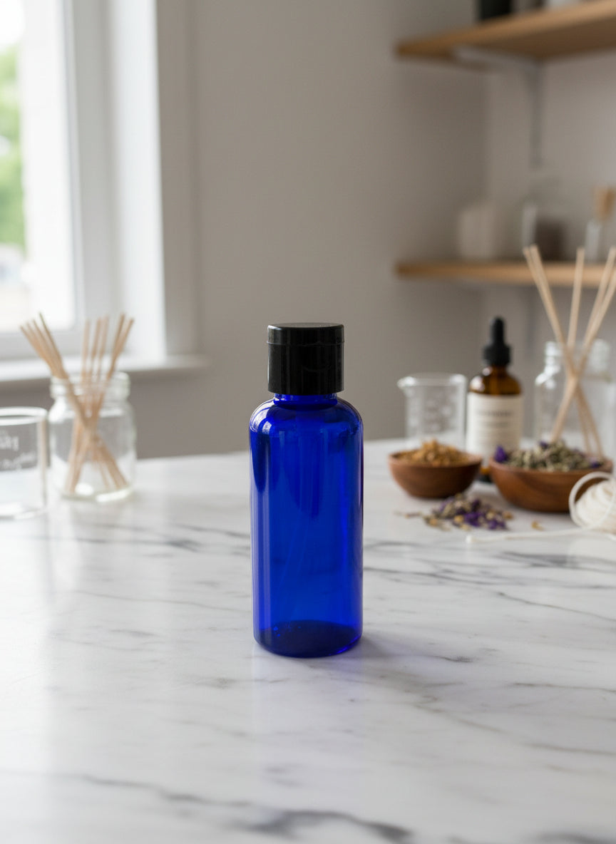 Blue glass bottle with black cap on a marble surface with diffusers and bottles in the background.
