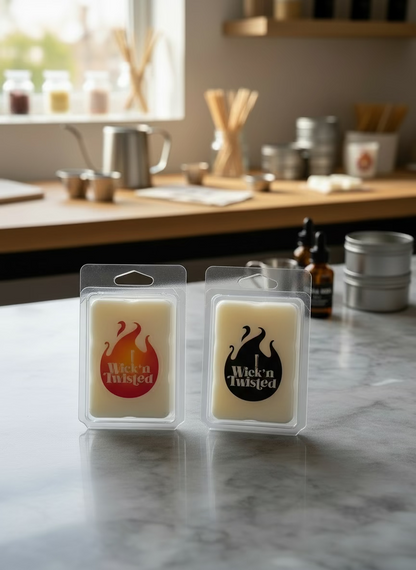 Two custom scent wax melts in clear packaging,