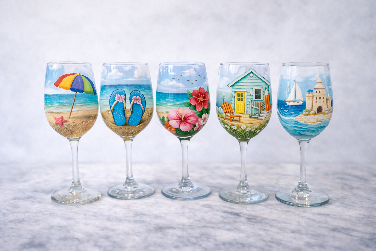 Set of five decorated wine glasses with beach-themed designs on a marble surface.