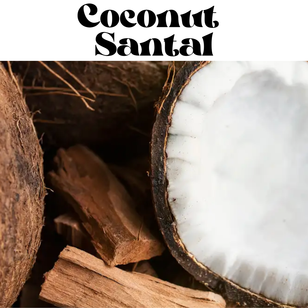 Coconut Santal fragrance image featuring a close-up of a halved coconut and wood pieces with the text 'Coconut Santal' in a stylized font at the top.