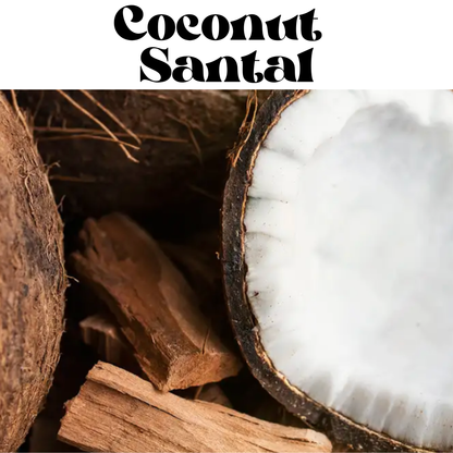 Coconut Santal fragrance image featuring a close-up of a halved coconut and wood pieces with the text 'Coconut Santal' in a stylized font at the top.
