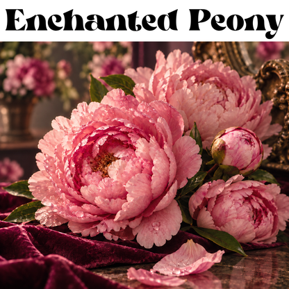 A close-up still life of pink peony flowers with green leaves and a dark burgundy velvet surface, with the text 'Enchanted Peony' across the top.