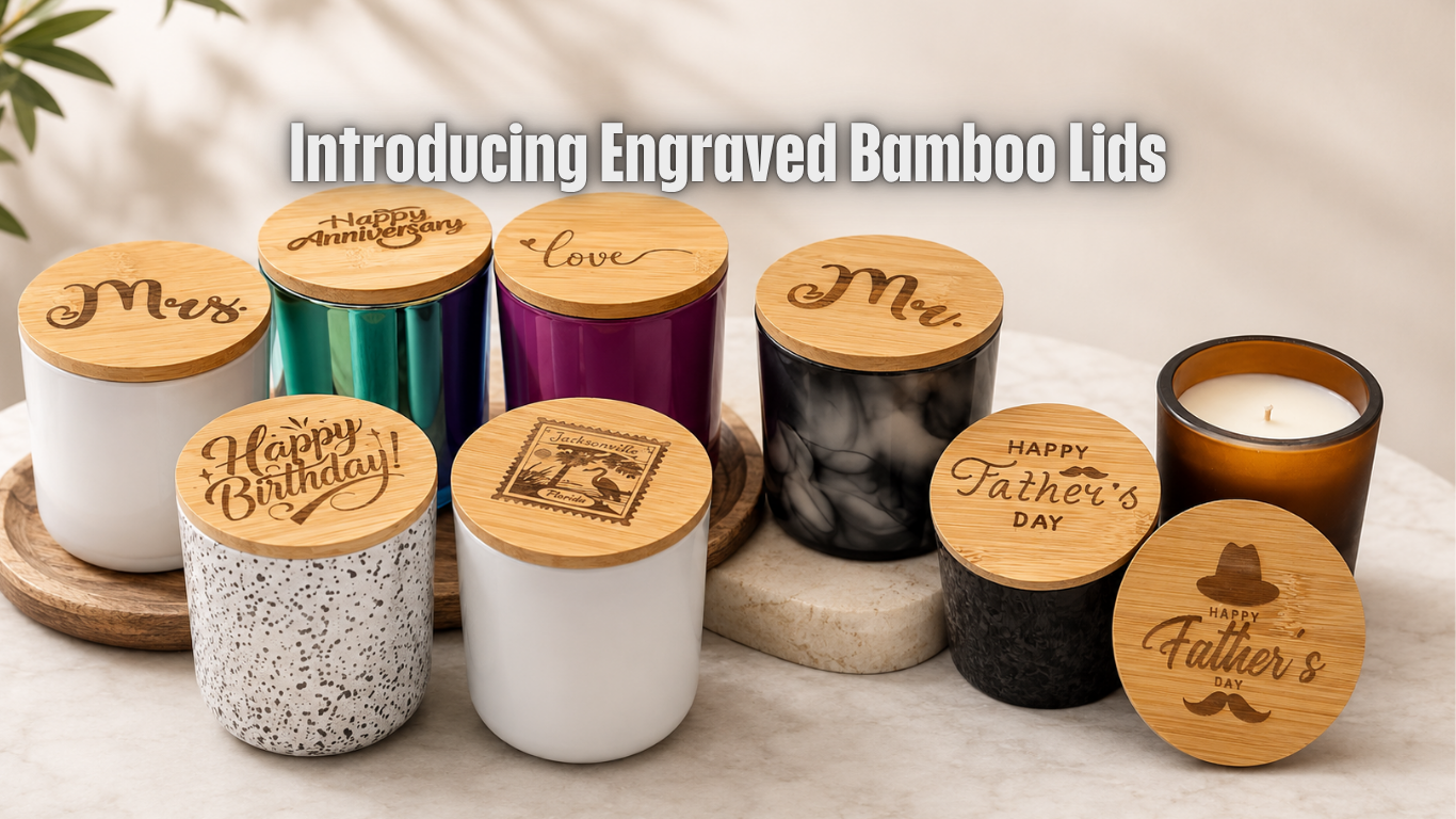 Collection of candles with engraved bamboo lids on a neutral background