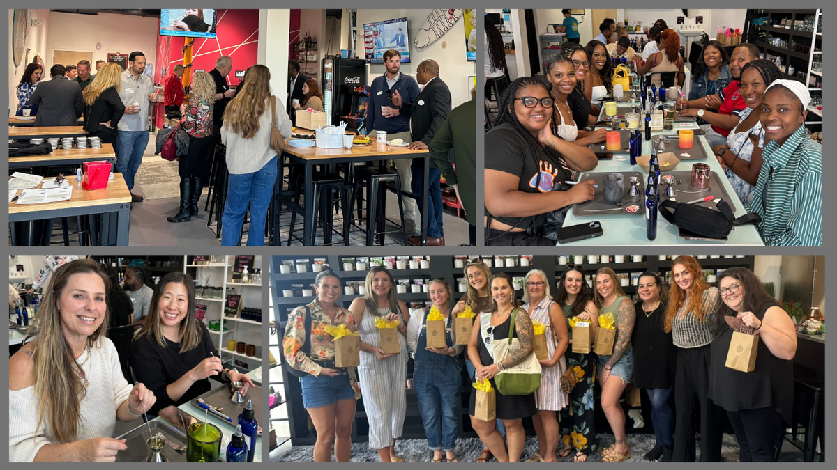 A four-panel collage of people in a retail or bar-like environment, showing groups of women and men interacting, standing at tables, and holding paper bags. The scenes are indoors with shelves, counters, and bright mixed lighting.
