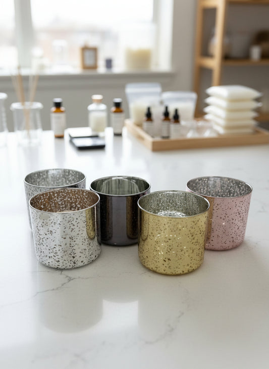 Three custom scent candles in copper, pink, and gold colors with a glittery finish, displayed on a white background.