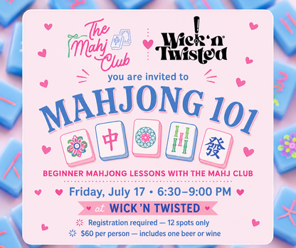 Invitation card for Mahjong 101 class with colorful text and graphics on a pink background.