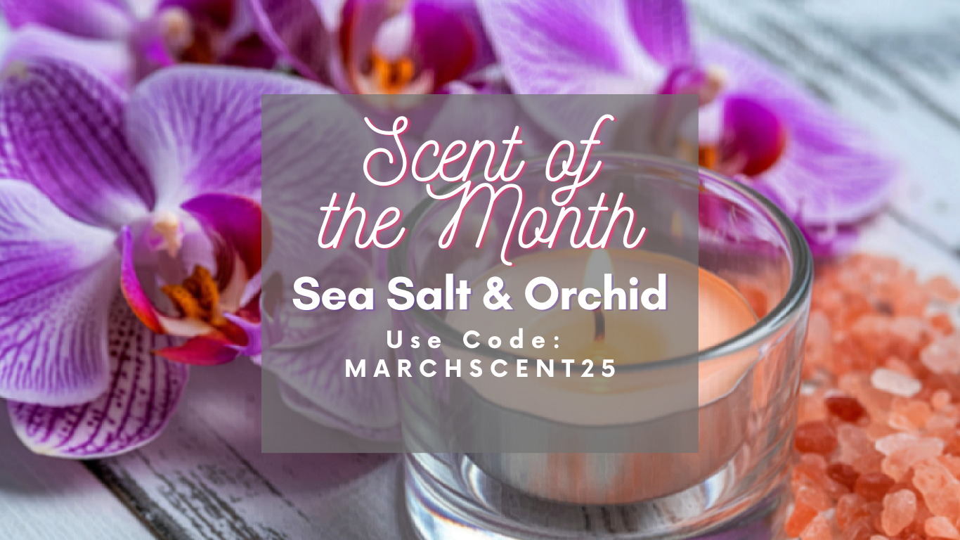 Candle with sea salt and orchids, featuring 'Scent of the Month' text and a use code.