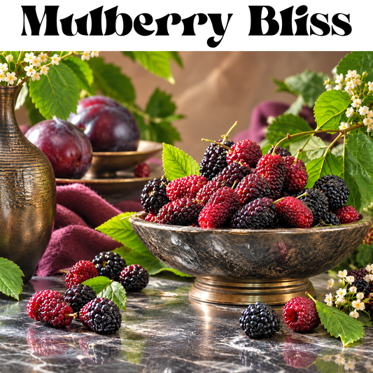 A styled still life of fresh mulberries in a dark bowl, with additional berries, green leaves, small white flowers, a bronze vase, and plums on a marble surface. The words 'Mulberry Bliss' appear in black script across the top.