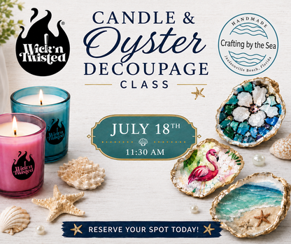 Advertisement for a candle and oyster decoupage class with candles and decorated oysters on a table.