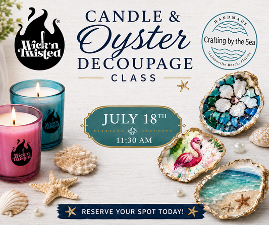 Advertisement for a candle and oyster decoupage class with candles and decorated oysters on a table.