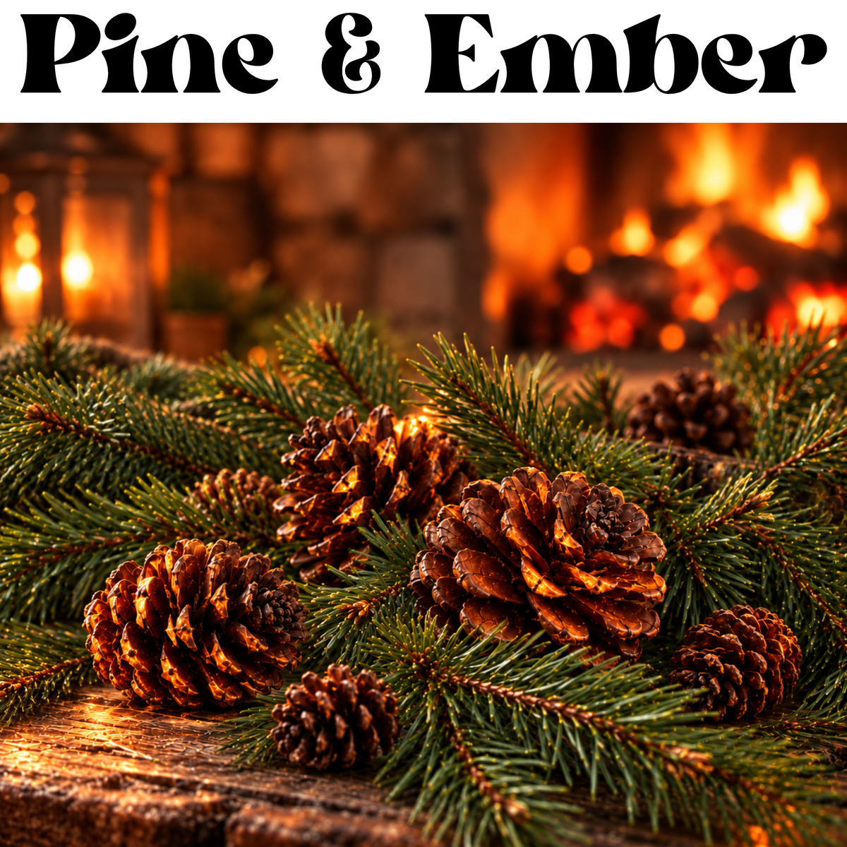 A festive holiday wreath made of pine branches and pinecones arranged on a rustic wooden surface in front of a warm glowing fireplace. The top of the image has a white banner with the text 'Pine & Ember' in black serif font.