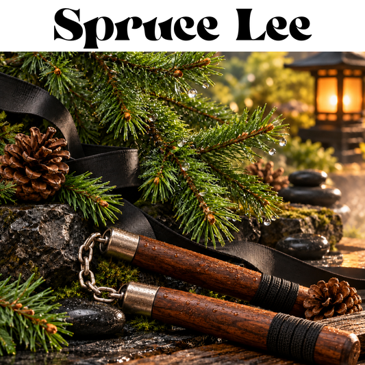 A pair of wooden nunchucks with metal chain links and black wrapped handles, styled on a mossy log with pine branches, pinecones, black ribbon, and a lantern in the background. The text 'Spruce Lee' appears at the top.