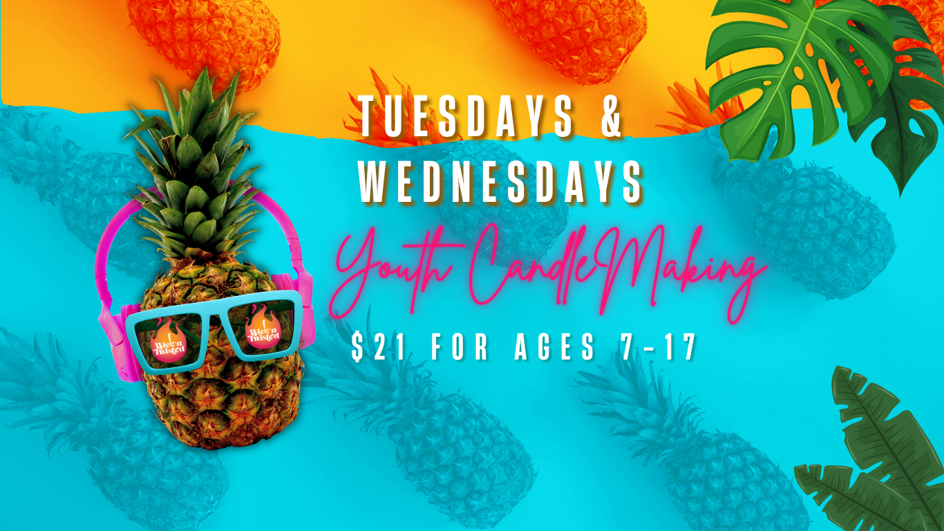 Promotional flyer for youth candle-making class with pineapple wearing sunglasses on a colorful background.