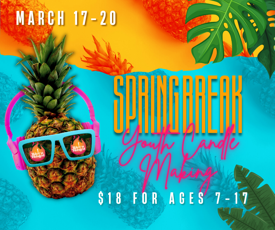 Promotional poster for Springbreak youth candle making event with pineapple wearing sunglasses on a blue and orange background.