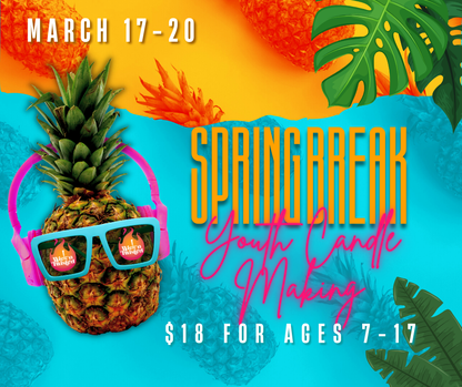 Promotional poster for Springbreak youth candle making event with pineapple wearing sunglasses on a blue and orange background.
